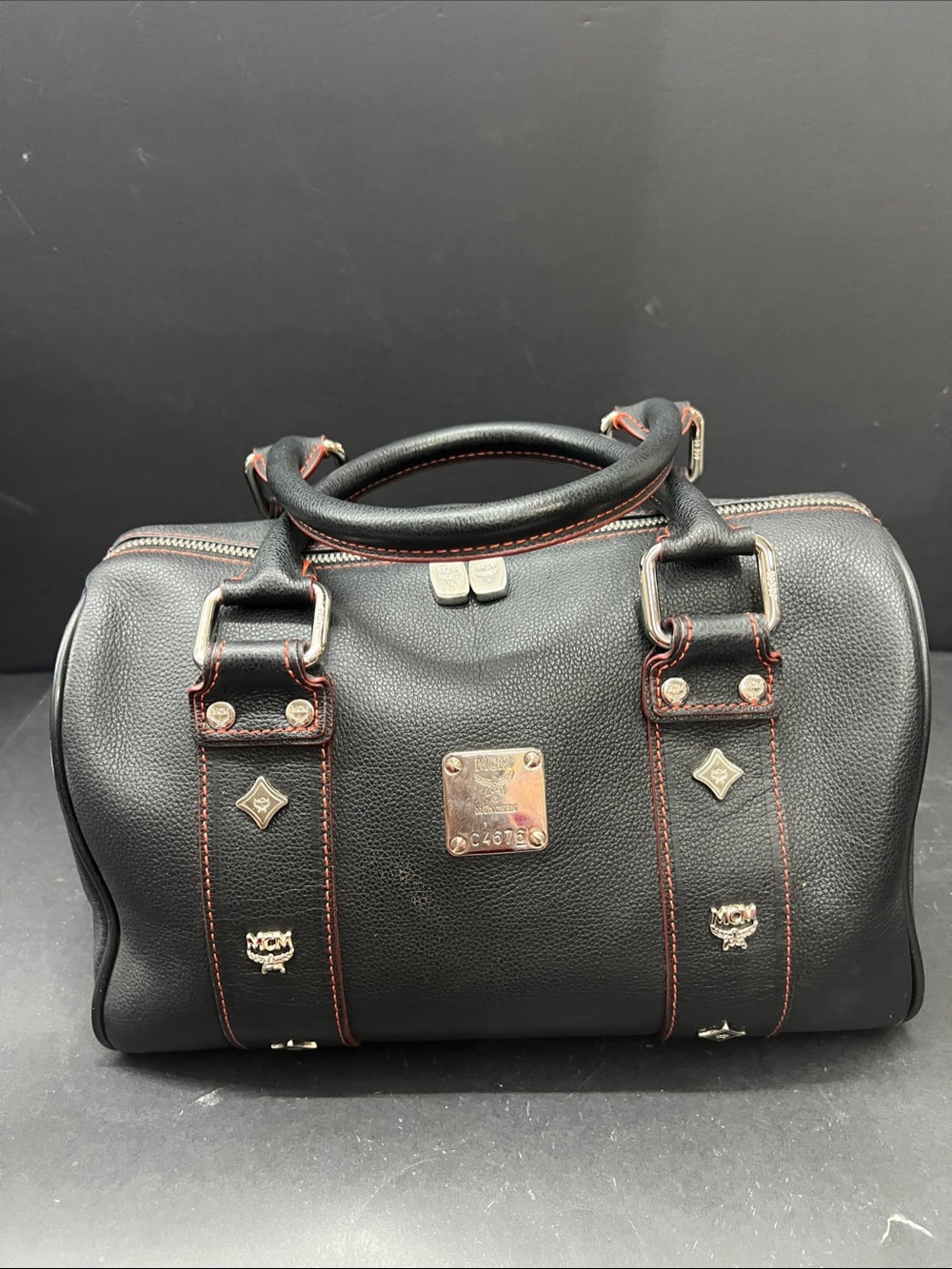 MCM Black Leather Boston Bag with Red Contrast Stitching